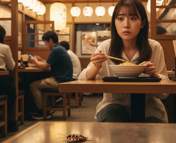 飲食店で食事中にテーブルにゴキブリが出現し、驚いて箸を止める若い日本人女性の客。