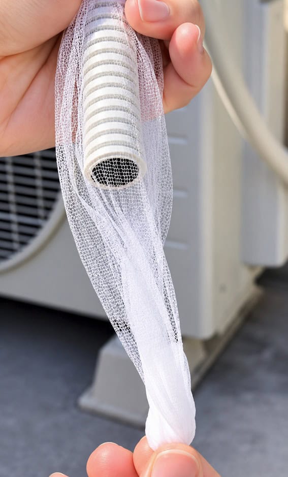 エアコンのドレンホース先端に取り付けた排水ネット