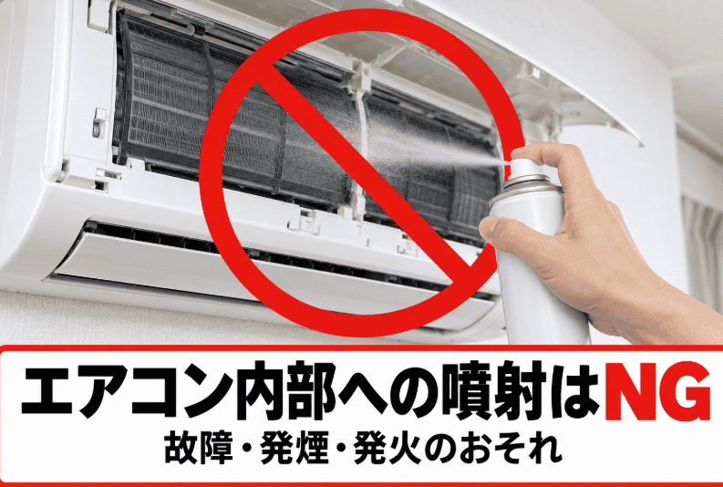 エアコン内部へゴキブリ駆除スプレーを噴射する場面に、禁止マークと故障・発煙・発火の注意書きを添えたイメージ画像