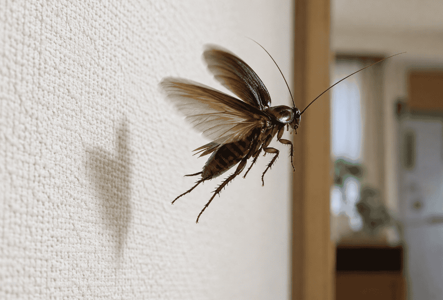 家の壁から羽を広げて飛び立つゴキブリ