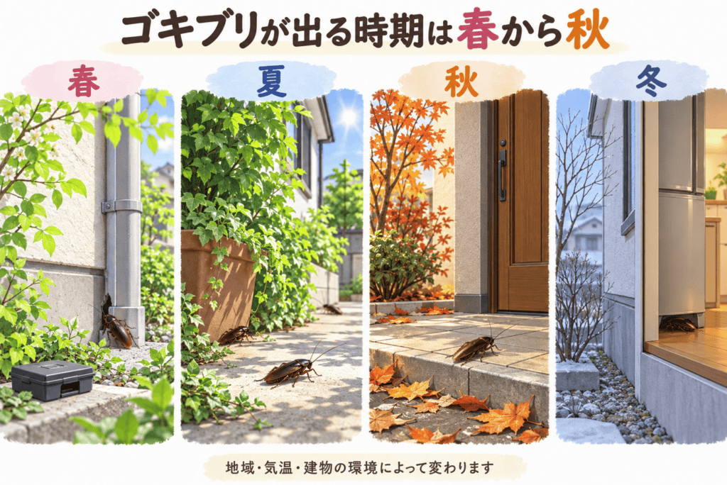 春夏秋の屋外で活動するゴキブリと、冬の暖かい室内に潜むゴキブリを季節別に描いたイラスト