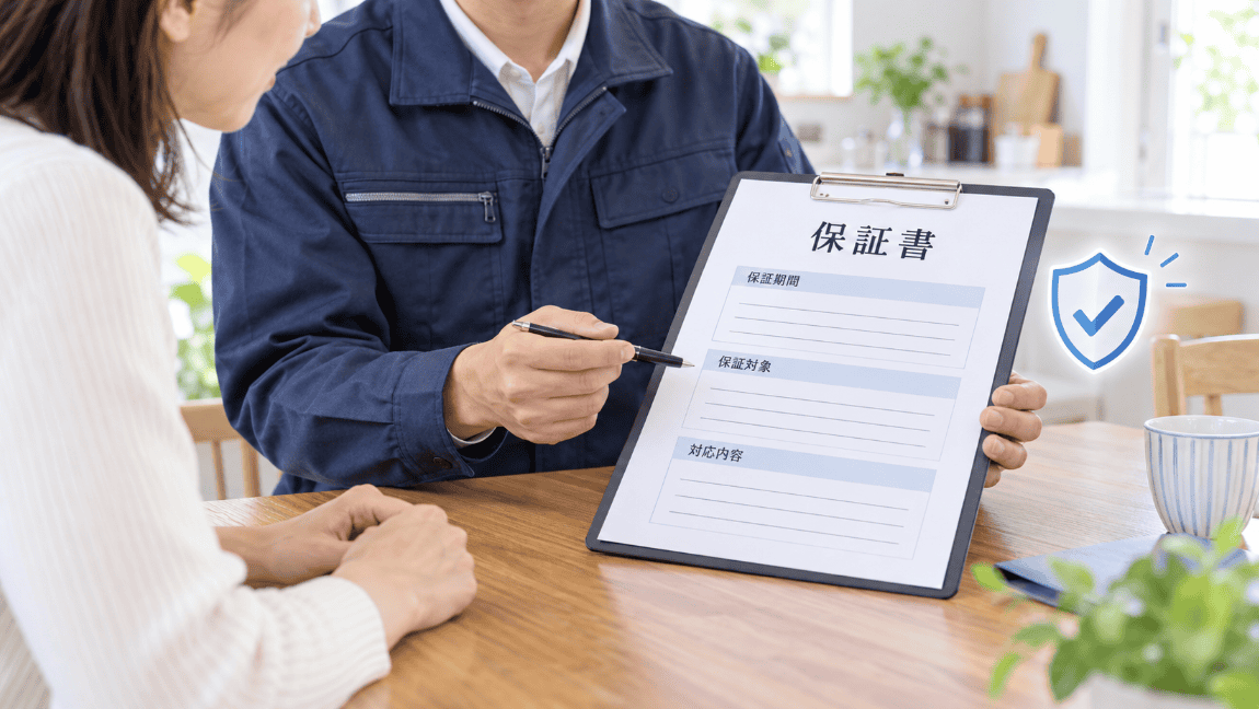 駆除業者が保証書を示し、保証期間や対象、対応内容を説明する