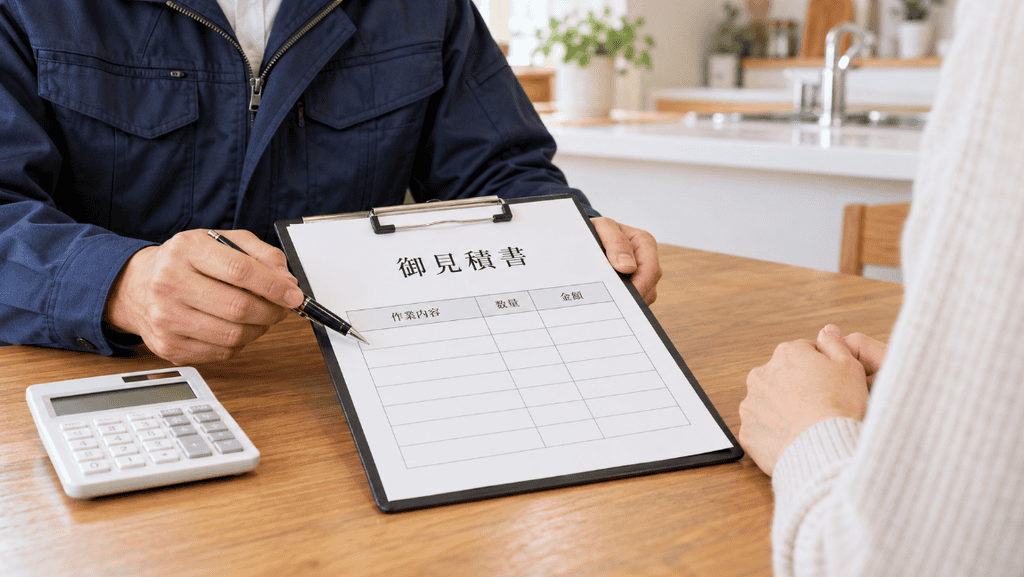 ゴキブリ駆除業者が依頼者に見積書を示して説明する