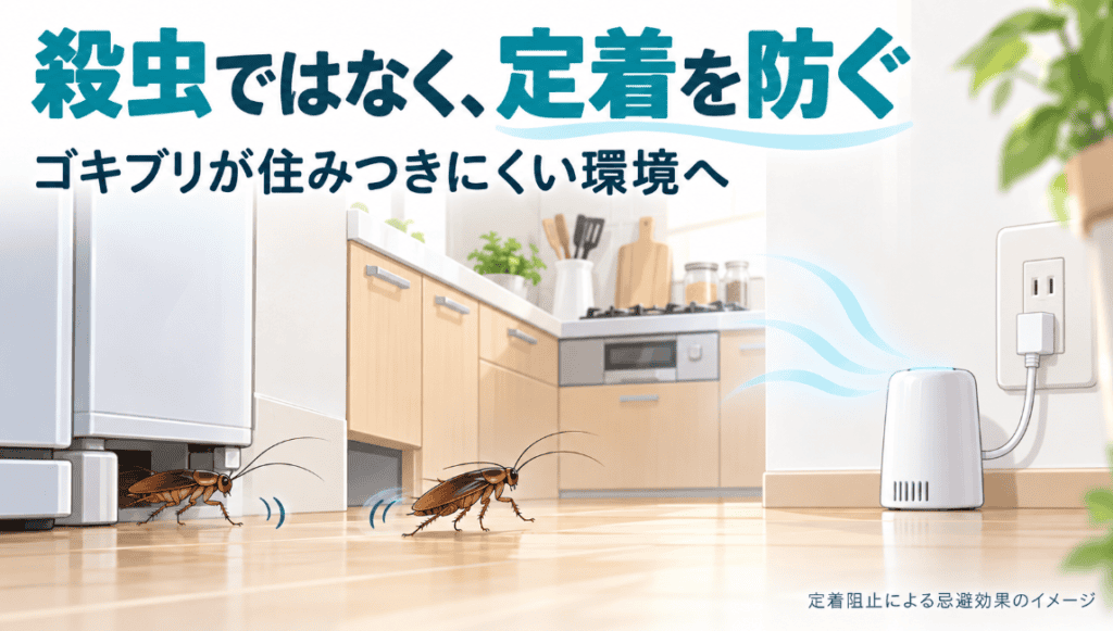殺虫ではなくゴキブリの定着を防ぐ、プラグ式忌避剤の働きを表した