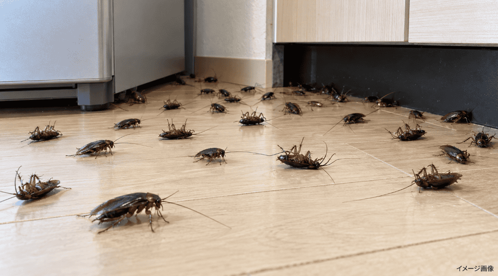 キッチンの冷蔵庫や収納の隙間から多数のゴキブリが現れ、一部が仰向けになっているイメージ画像
