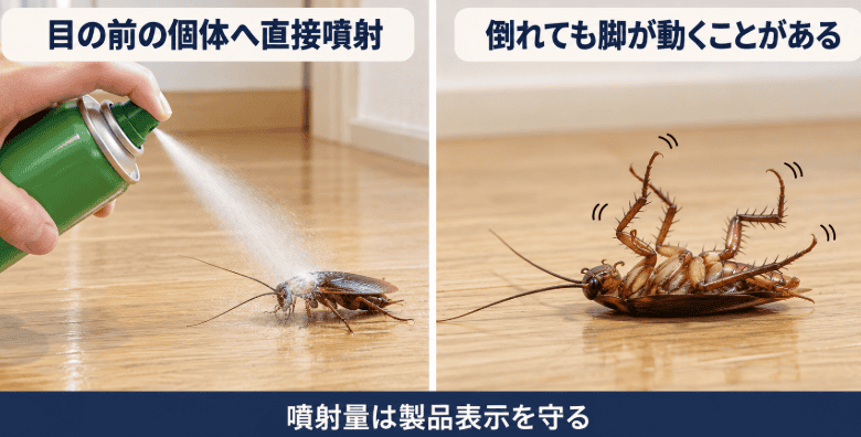 ゴキブリへ殺虫スプレーを直接噴射する場面と、仰向けに倒れたあとも脚が動いている状態