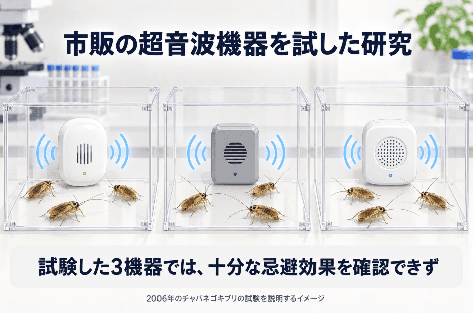 3種類の超音波機器の近くにチャバネゴキブリが留まっている、2006年の研究結果を説明するイラスト