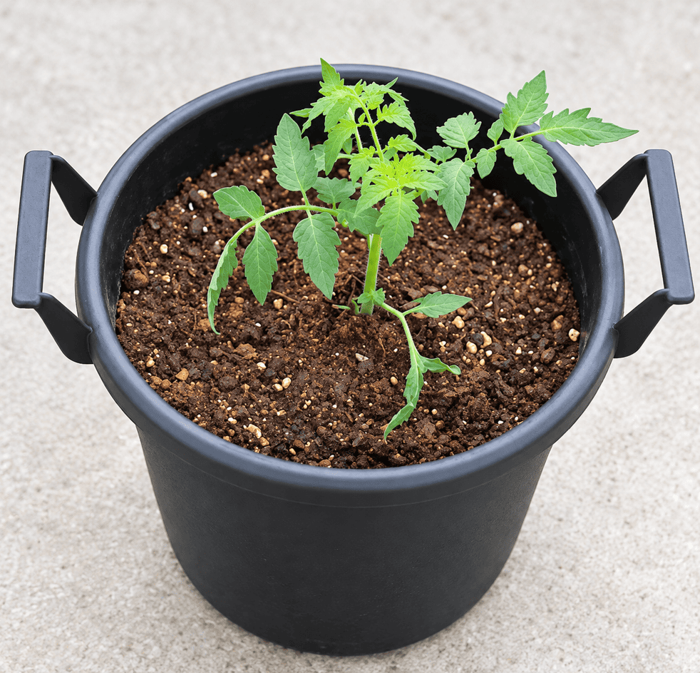 家庭菜園で鉢に植えたトマトの苗