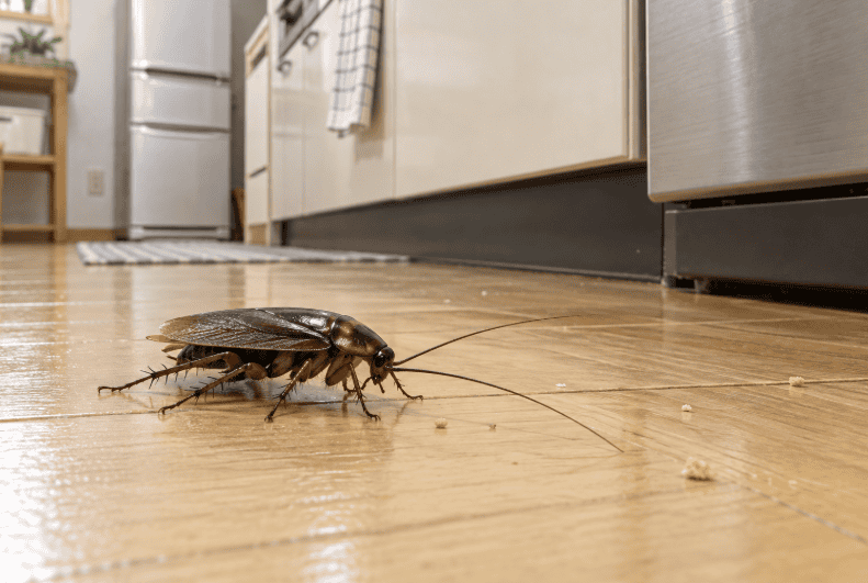 キッチンの木製の床で、食べかすのそばにいるゴキブリのイメージ画像