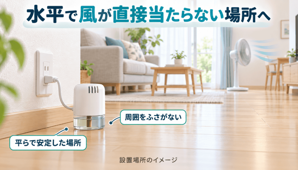 扇風機の風が直接当たらない水平な床に、プラグ式忌避剤を設置したイメージ画像
