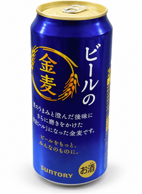 白い背景に置かれた青色のサントリー金麦の缶