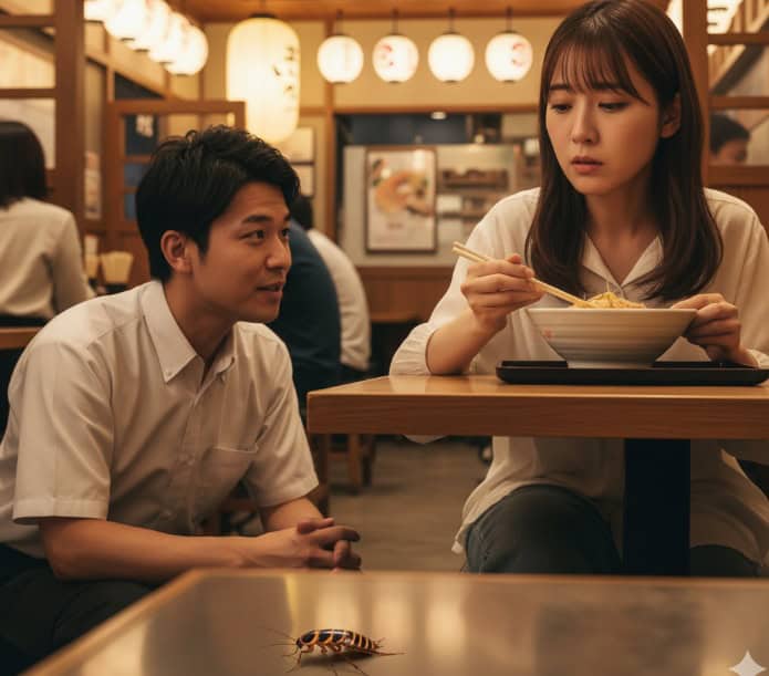  飲食店でゴキブリを発見した日本人女性客が、静かに店員にその状況を報告している様子。