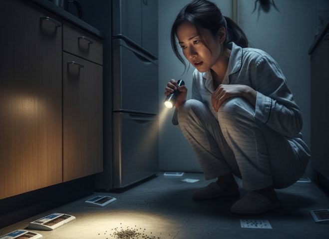 夜中、パジャマ姿の日本人女性が懐中電灯でキッチンの床を照らし、ゴキブリのフンらしき黒い粒と粘着トラップを警戒しながら見ている。壁には大きなゴキブリの影が映っている。