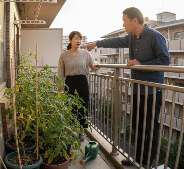 マンションのベランダで家庭菜園をしている日本人女性と、隣のベランダから苦言を呈している日本人男性。