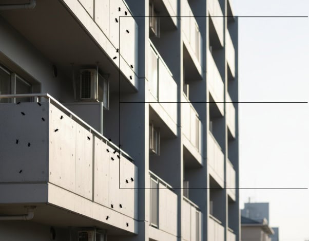 マンションの外壁を登るゴキブリのシルエット。階数表示があり、5階までは多く、それ以上では少ないことを示している。