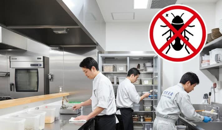 最新の厨房で日本人スタッフが清掃と食材管理を徹底し、害虫駆除業者も作業して、ゴキブリがいない清潔な飲食店厨房。