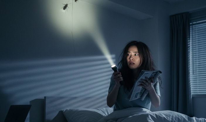 夜中の寝室で、日本人女性がベッドの上で怯えた表情で懐中電灯と丸めた雑誌を手にしている。懐中電灯の光が天井のゴキブリを照らしており、女性は不安で眠れない様子。