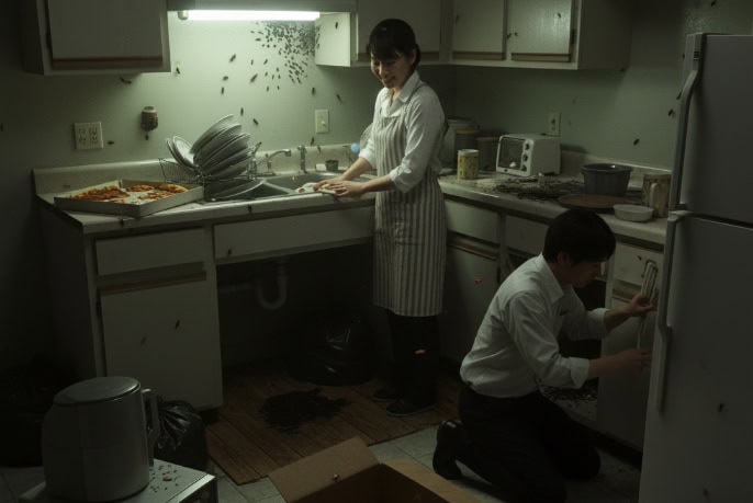 汚れたキッチンで、日本人女性が食器を洗い、日本人男性が冷蔵庫の隙間に毒餌を設置している。多くのゴキブリがまだ見えるが、彼らは清掃と駆除の対策を講じている。